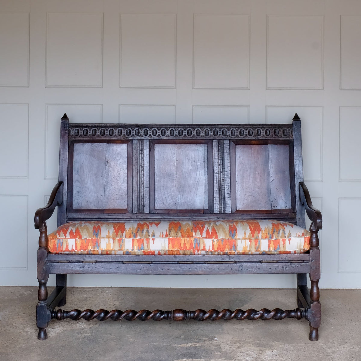 Vintage 18th Century Large Oak Settle with Upholstered Cushion - Summerfield & Scott