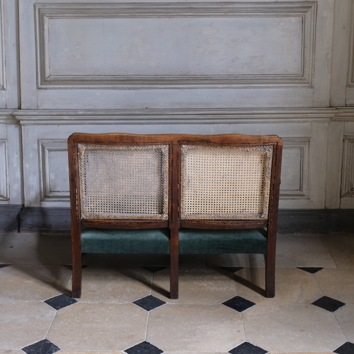 Rear view of antique 17th Century Caned Backed Settee with Velvet Seat Pad - Summerfield & Scott