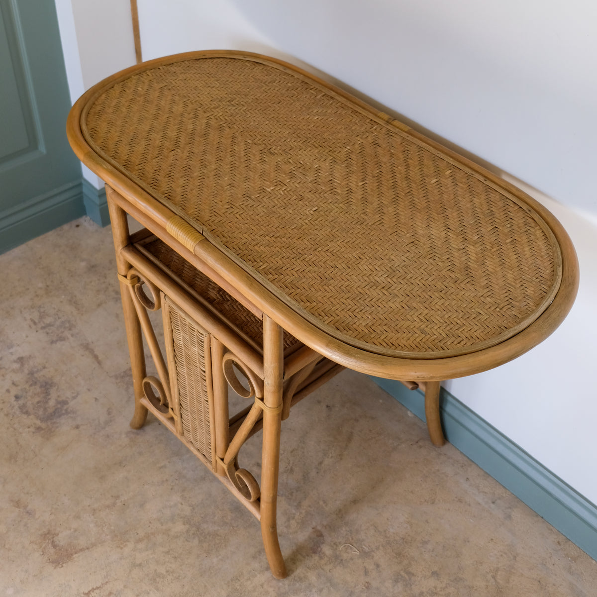MID CENTURY BAMBOO AND BENT CANE BISTRO CONSOLE TABLE