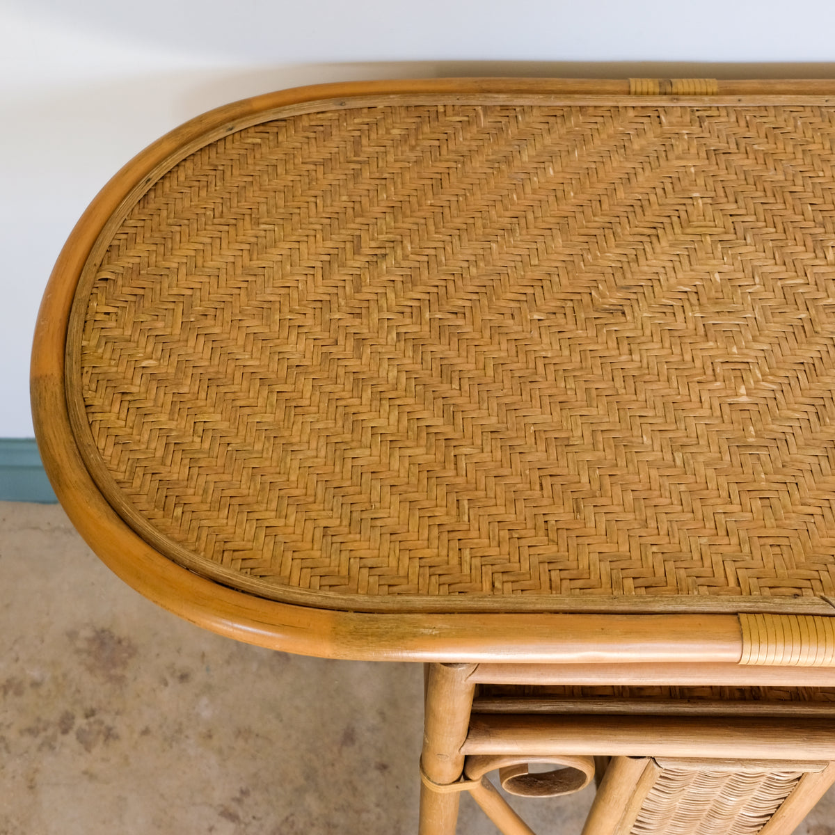 MID CENTURY BAMBOO AND BENT CANE BISTRO CONSOLE TABLE