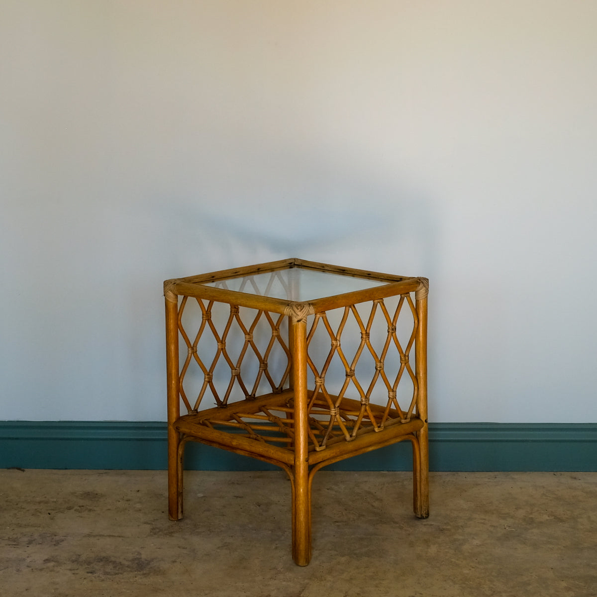 MID CENTURY BAMBOO AND RATTAN SIDE TABLE