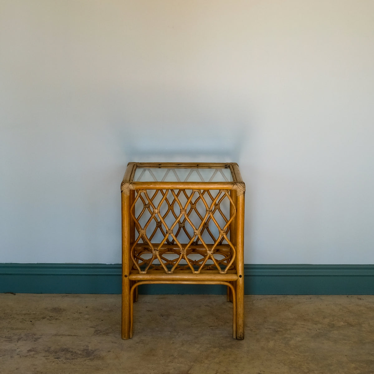 MID CENTURY BAMBOO AND RATTAN SIDE TABLE