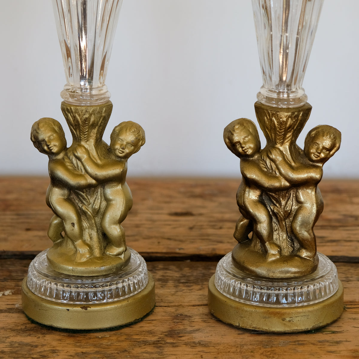 Pair of 1930s Glass and Gilded Cherub Table Lamps