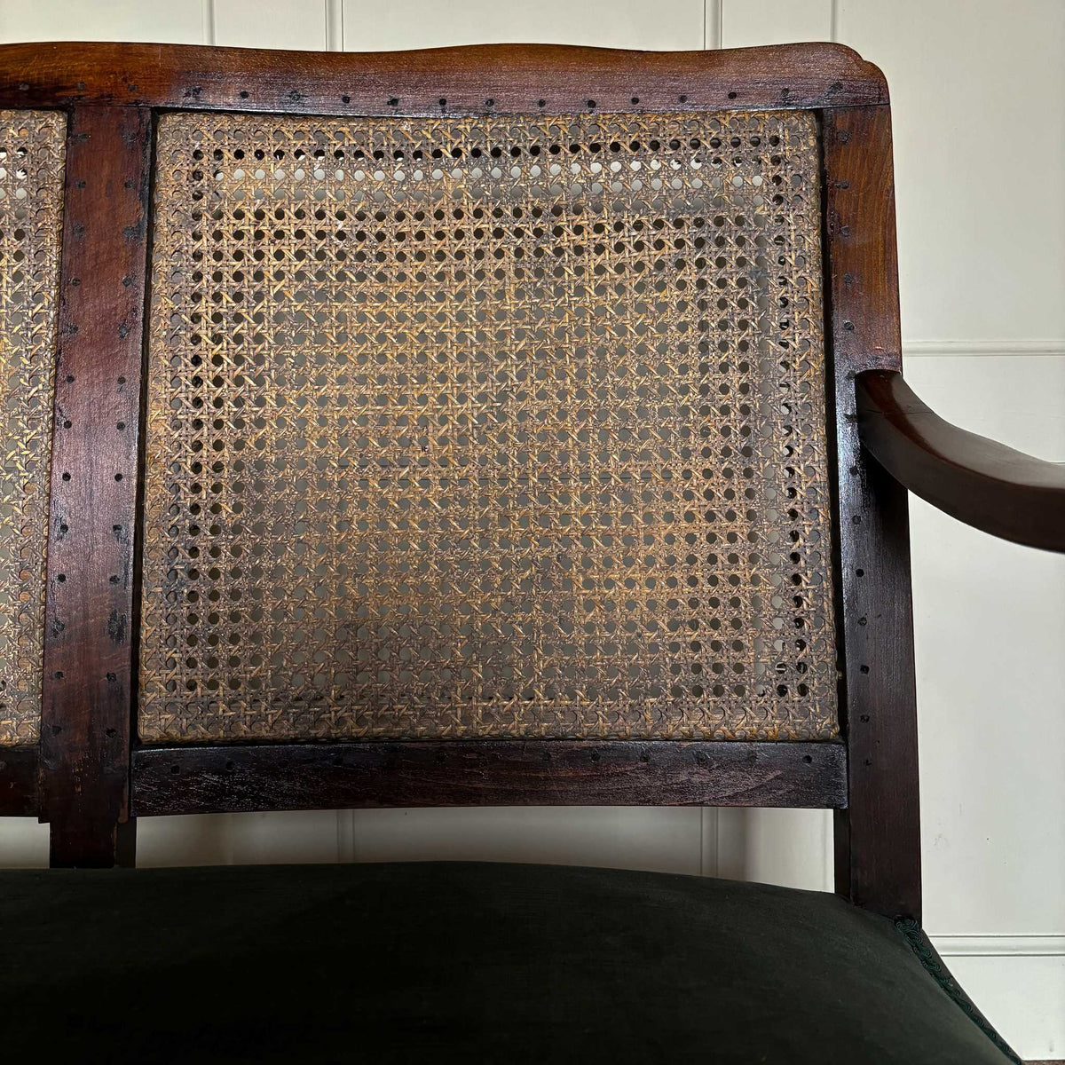 Close up showing detail on cane back of 17th Century Vintage Settee with Velvet Seat Pad - Summerfield & Scott