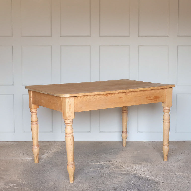 Angled view of Vintage Victorian pine farm house kitchen table, on turned legs by Summerfield & Scott