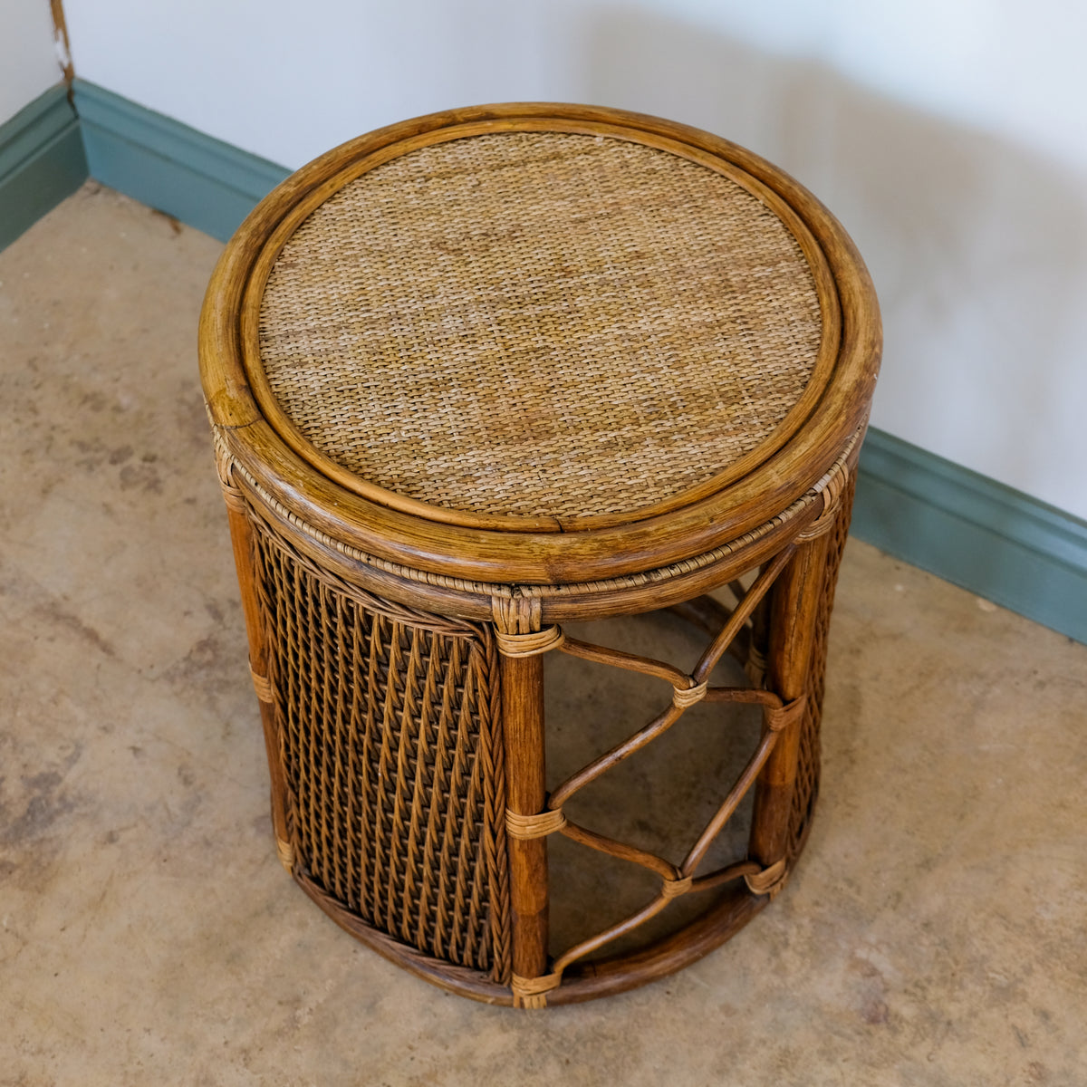 BAMBOO AND RATTAN DRUM SIDE TABLE