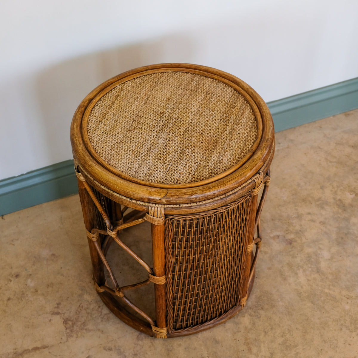 BAMBOO AND RATTAN DRUM SIDE TABLE