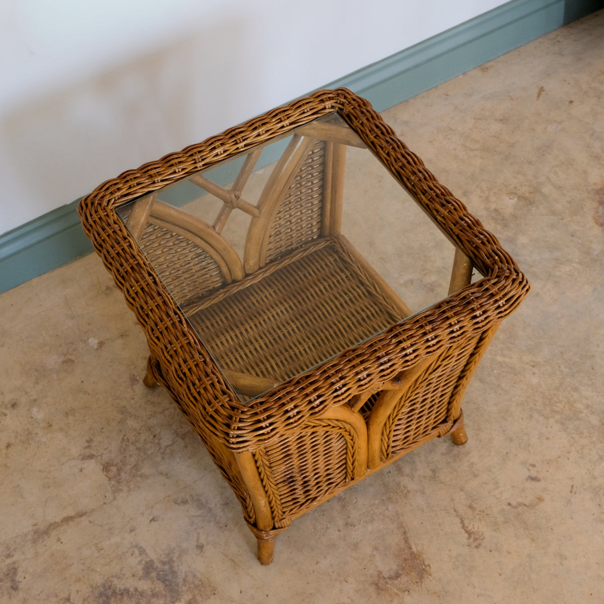 MID CENTURY RATTAN AND WICKER TWO TIER SIDE TABLE