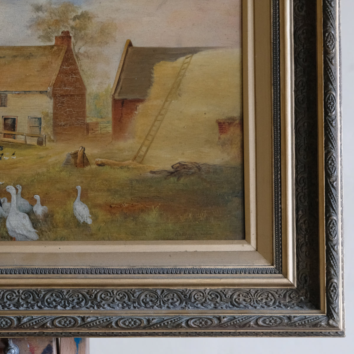 EARLY 20TH CENTURY FARMYARD SCENE WITH GEESE BY A J BAKER
