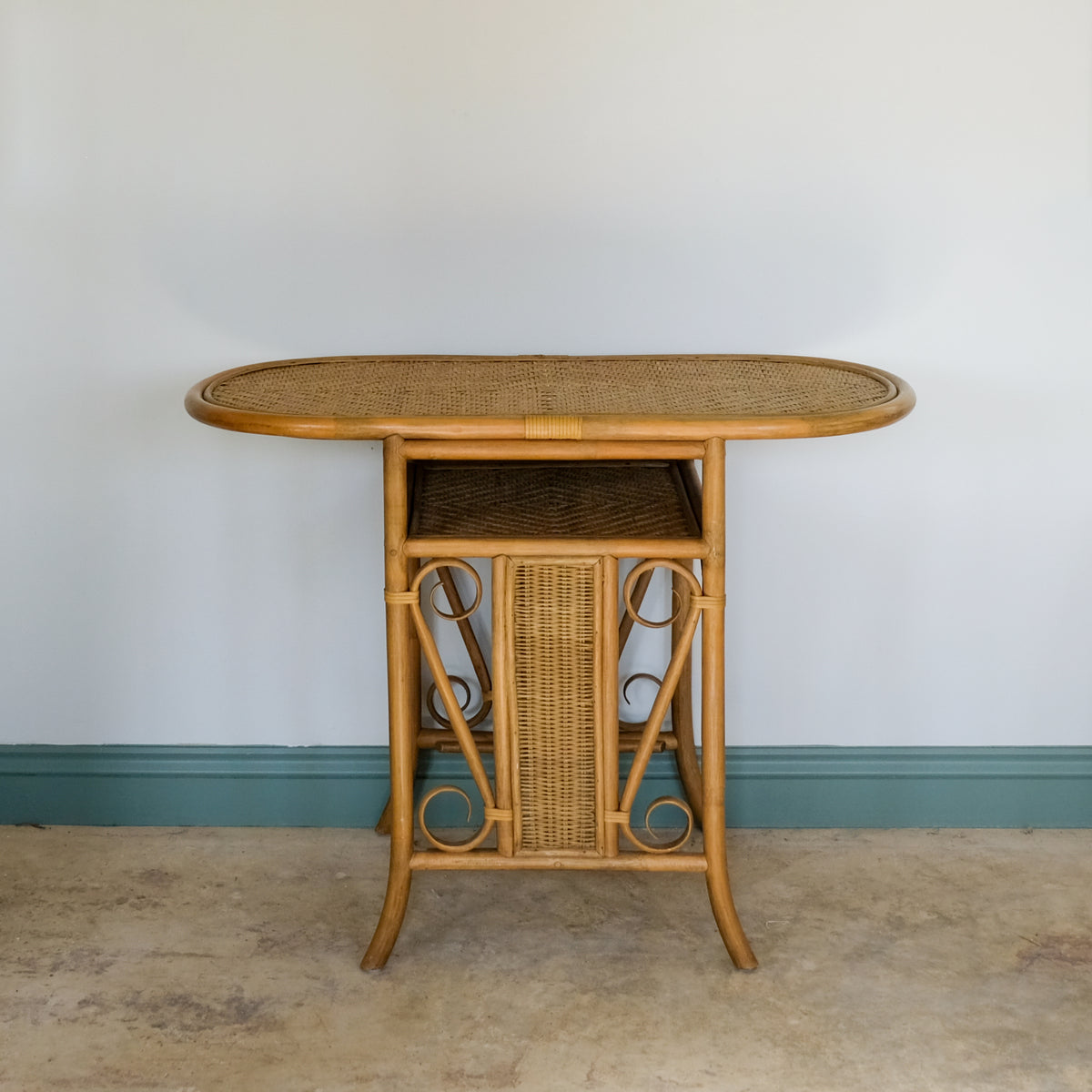 MID CENTURY BAMBOO AND BENT CANE BISTRO CONSOLE TABLE