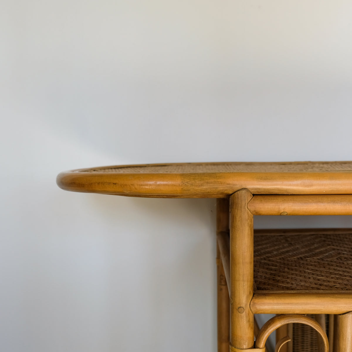 MID CENTURY BAMBOO AND BENT CANE BISTRO CONSOLE TABLE