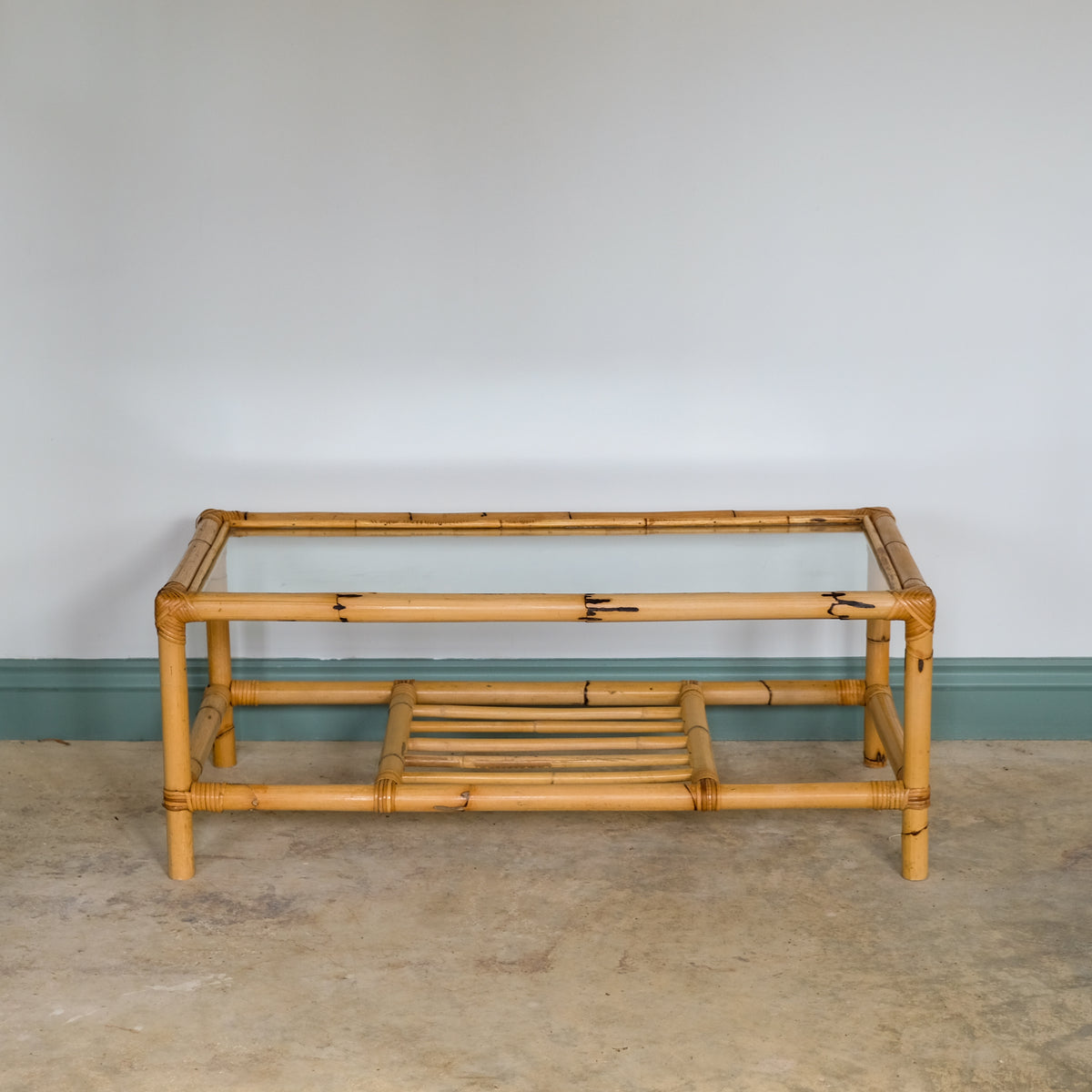 MID CENTURY BAMBOO AND RATTAN LOW COFFEE TABLE