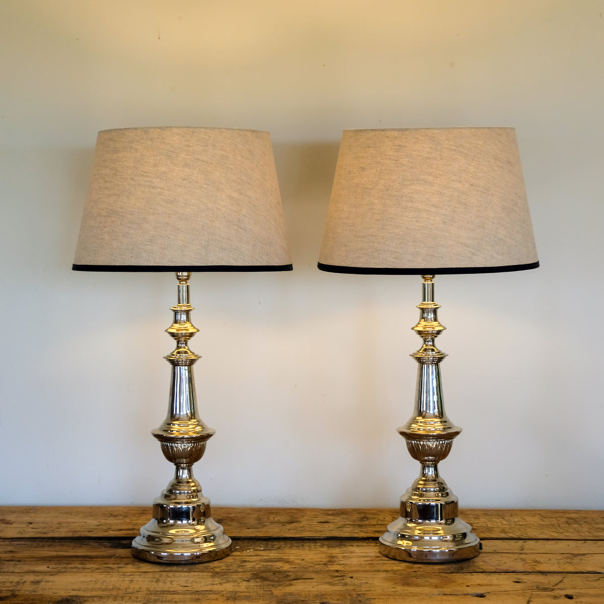 SUPERB PAIR OF FRENCH NICKEL-PLATED TABLE LAMPS