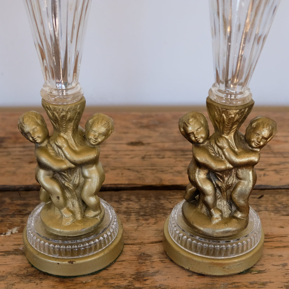 Pair of 1930s Glass and Gilded Cherub Table Lamps