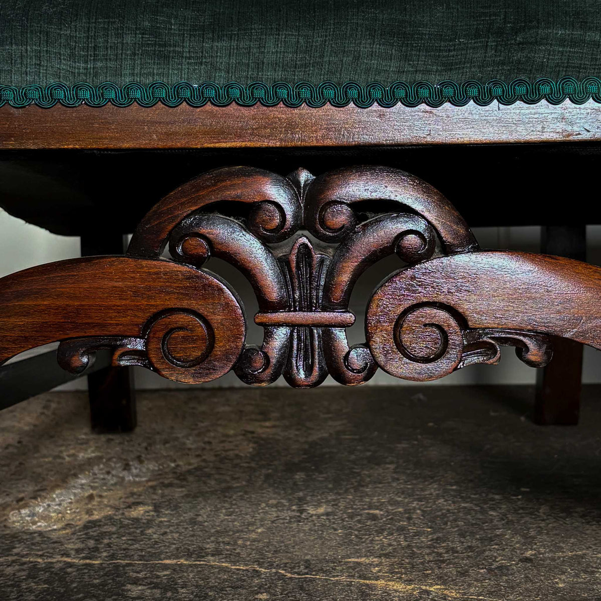 Close up showing detail on 17th Century Caned Backed Settee, restored by Anthony Beech ACR - Summerfield & Scott.