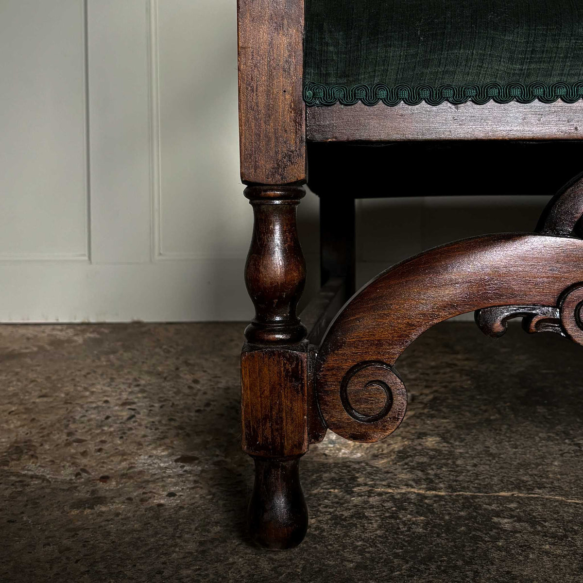 Close up showing detail on legs on 17th Century Caned Backed Settee with Velvet Seat Pad - Summerfield & Scott